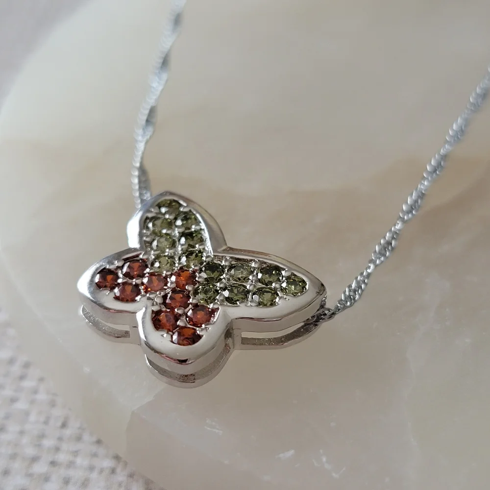 Gemstone Pave Butterfly Necklace Red and Green 18k white gold filled 925 Silver
